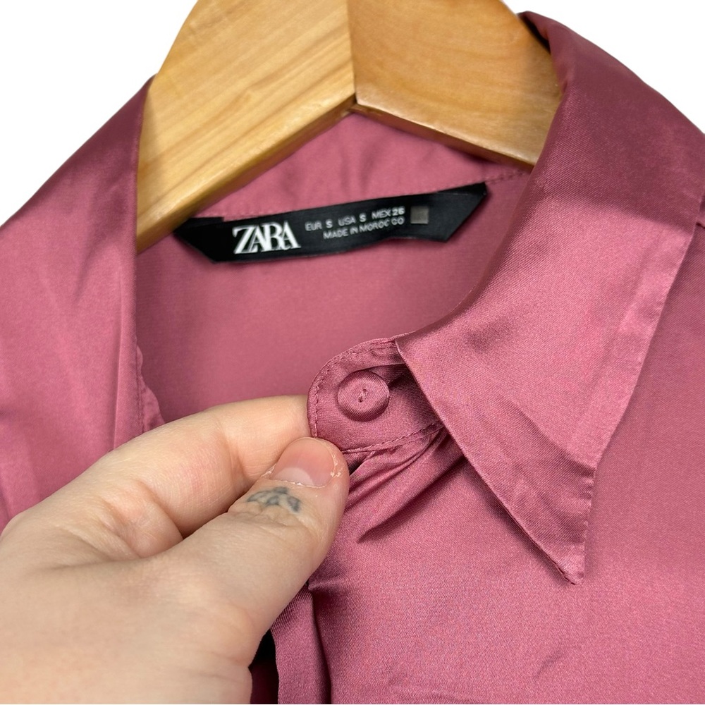 ZARA Satin Effect Oversized Loose Collared Button Down Dolman Sleeve Blouse Pink - Picture 8 of 14
